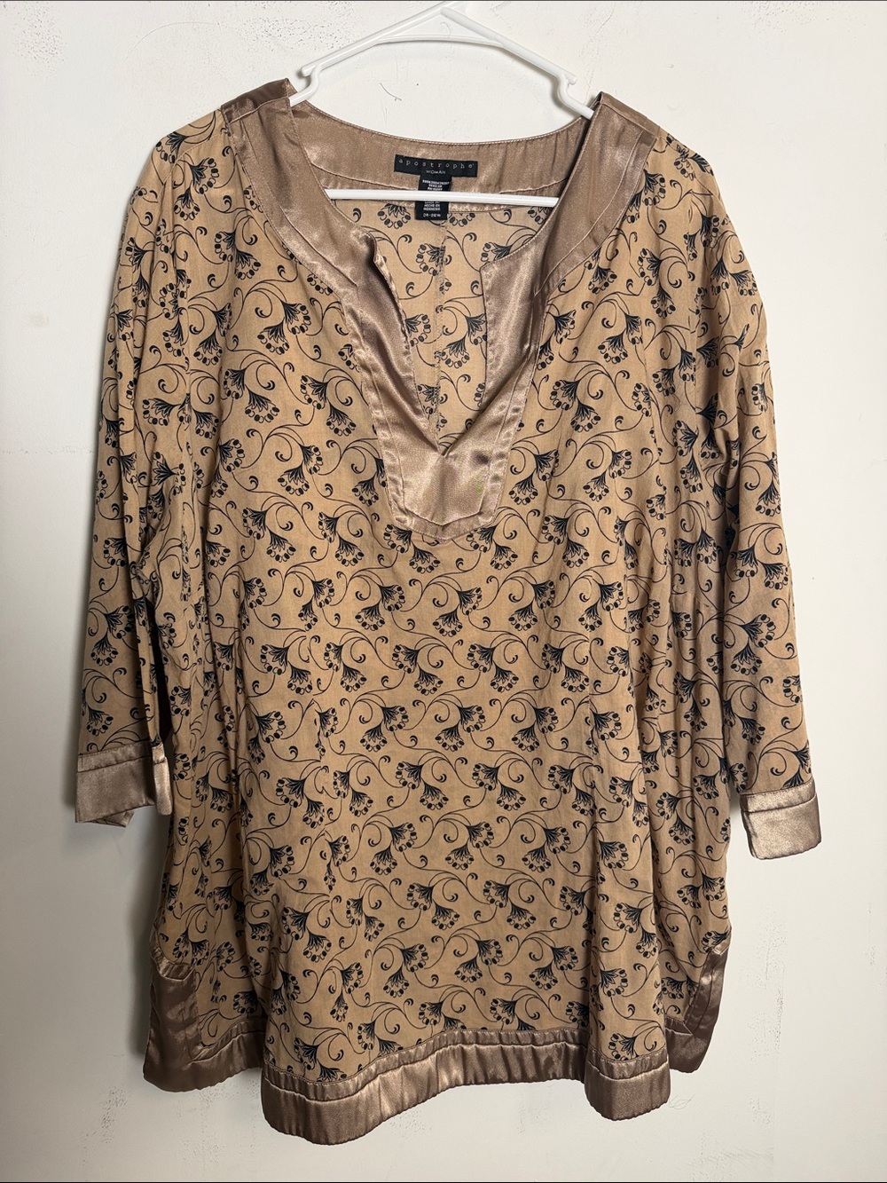 Apostrophe Tan and Black Satin-Trim Tunic Top